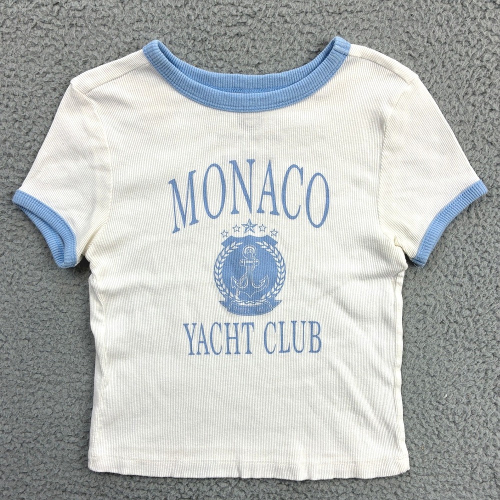 Social Culture Monaco Yacht Club Ringer Tee Womens L White Blue Graphic Ribbed